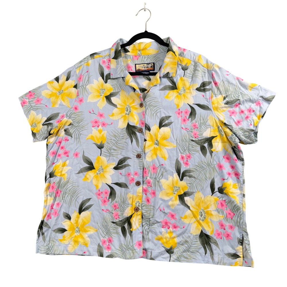 Havana Jack's Cafe Floral Hawaiian Shirt Mens 2X Blue Yellow Good Tropical Rayon